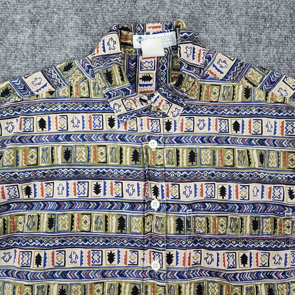 Vintage Columbia Shirt Womens Medium Aztec Fish AOP Short Sleeve Button Up - Picture 9 of 11